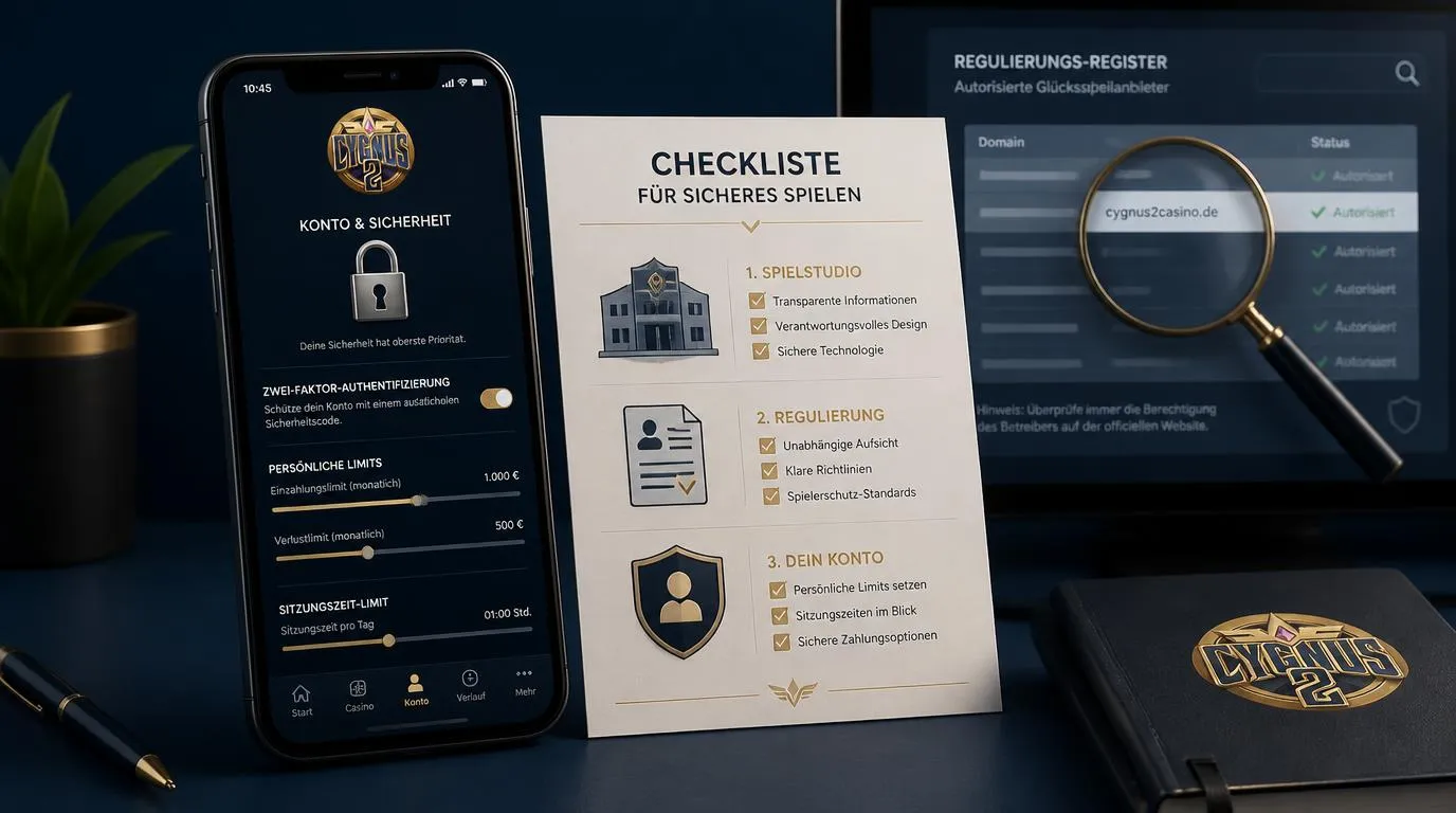 Smartphone mit Betreiberprüfung neben Checkliste für Zulassung, Kontoschutz und persönliche Spiellimits