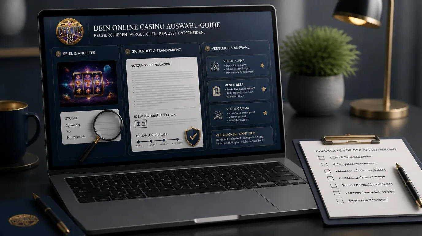 Casino-Prüfung am Laptop mit Spielanbieter, Auszahlungsbedingungen und einer kurzen Vergleichsliste