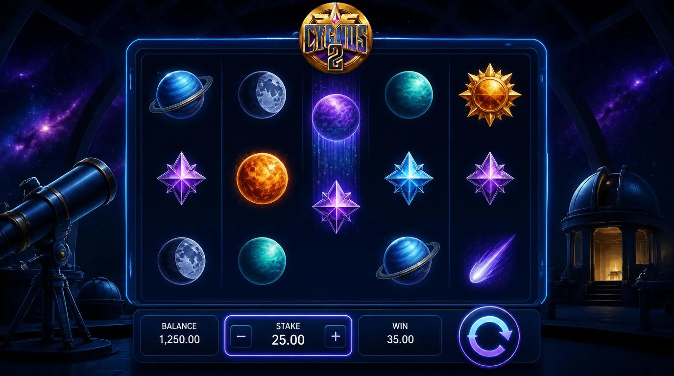 Kosmische Slot-Oberfläche mit klar abgegrenztem Spielfeld, Einsatzsteuerung und gut lesbaren Statusanzeigen